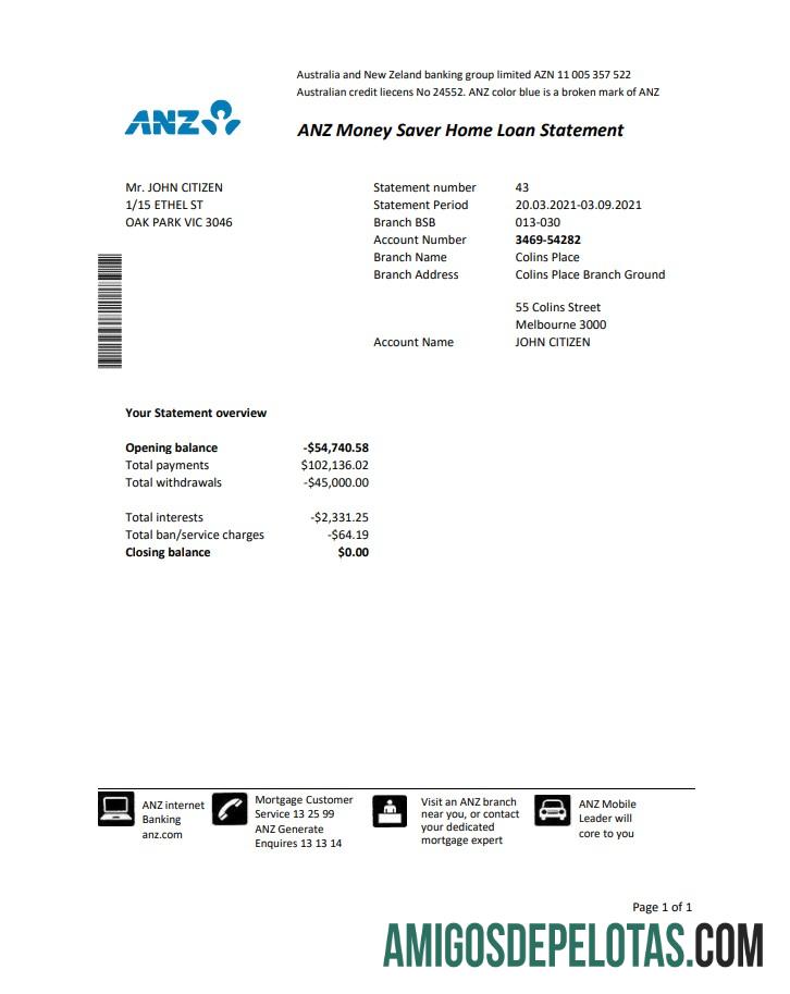 Modelo de extrato bancário de comprovante de endereço ANZ da Austrália para impressão em formato Excel e PDF